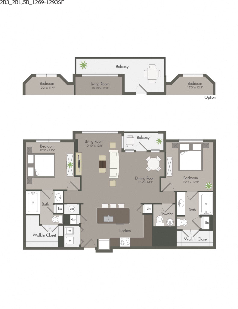 Floor plan for 2 beds, 2.5 baths, 1293 sqft